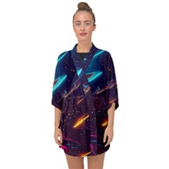 Night Sky Neon Spaceship Drawing Half Sleeve Chiffon Kimono by Ravend