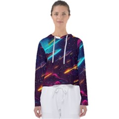 Night Sky Neon Spaceship Drawing Women s Slouchy Sweat by Ravend