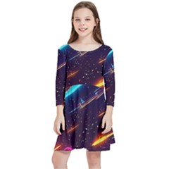 Night Sky Neon Spaceship Drawing Kids  Quarter Sleeve Skater Dress by Ravend