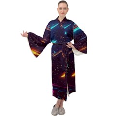 Night Sky Neon Spaceship Drawing Maxi Velvet Kimono by Ravend