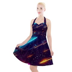 Night Sky Neon Spaceship Drawing Halter Party Swing Dress  by Ravend