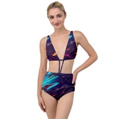 Night Sky Neon Spaceship Drawing Tied Up Two Piece Swimsuit by Ravend