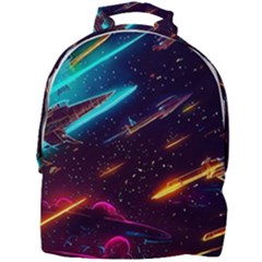 Night Sky Neon Spaceship Drawing Mini Full Print Backpack by Ravend