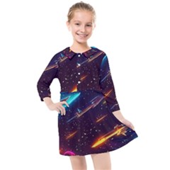 Night Sky Neon Spaceship Drawing Kids  Quarter Sleeve Shirt Dress by Ravend