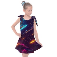 Night Sky Neon Spaceship Drawing Kids  Tie Up Tunic Dress by Ravend