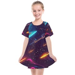 Night Sky Neon Spaceship Drawing Kids  Smock Dress by Ravend