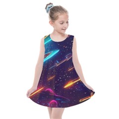 Night Sky Neon Spaceship Drawing Kids  Summer Dress by Ravend