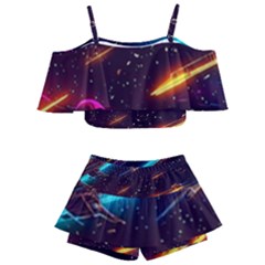 Night Sky Neon Spaceship Drawing Kids  Off Shoulder Skirt Bikini by Ravend