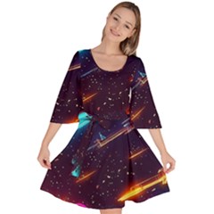 Night Sky Neon Spaceship Drawing Velour Kimono Dress by Ravend