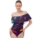 Night Sky Neon Spaceship Drawing Off Shoulder Velour Bodysuit  View1