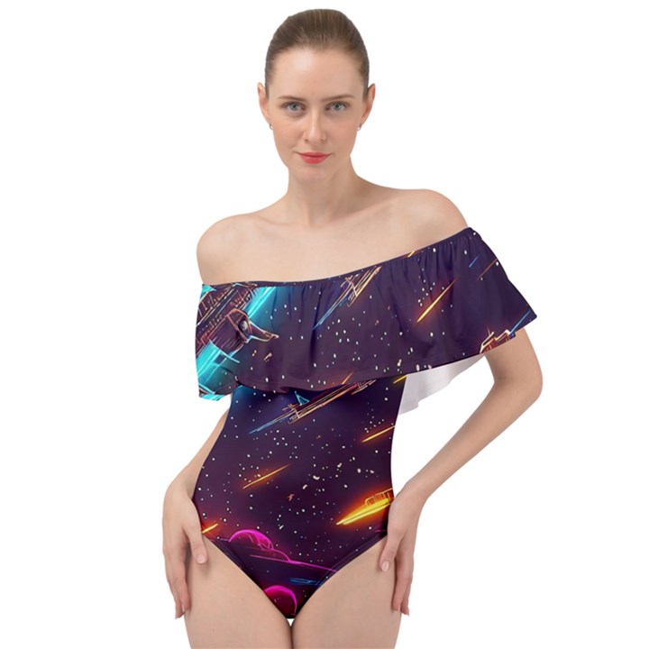 Night Sky Neon Spaceship Drawing Off Shoulder Velour Bodysuit 