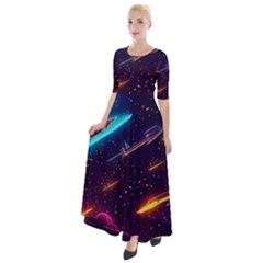 Night Sky Neon Spaceship Drawing Half Sleeves Maxi Dress by Ravend