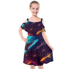 Night Sky Neon Spaceship Drawing Kids  Cut Out Shoulders Chiffon Dress by Ravend