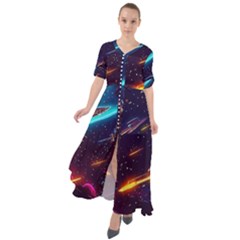 Night Sky Neon Spaceship Drawing Waist Tie Boho Maxi Dress by Ravend