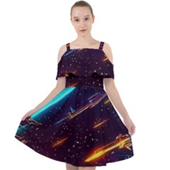 Night Sky Neon Spaceship Drawing Cut Out Shoulders Chiffon Dress by Ravend