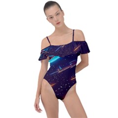 Night Sky Neon Spaceship Drawing Frill Detail One Piece Swimsuit by Ravend