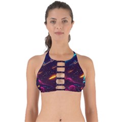 Night Sky Neon Spaceship Drawing Perfectly Cut Out Bikini Top by Ravend