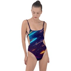 Night Sky Neon Spaceship Drawing Tie Strap One Piece Swimsuit by Ravend