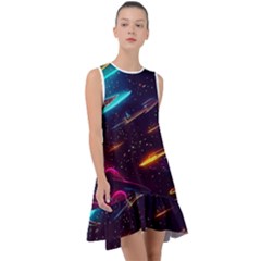 Night Sky Neon Spaceship Drawing Frill Swing Dress by Ravend