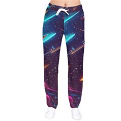 Night Sky Neon Spaceship Drawing Women Velvet Drawstring Pants by Ravend