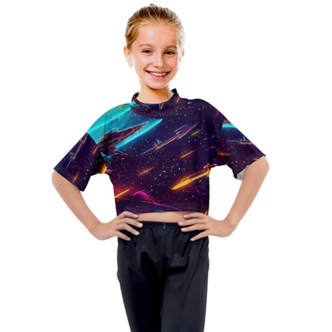 Night Sky Neon Spaceship Drawing Kids Mock Neck Tee by Ravend