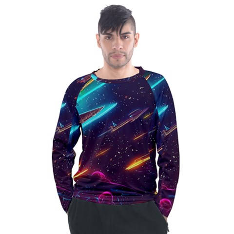 Night Sky Neon Spaceship Drawing Men s Long Sleeve Raglan Tee by Ravend