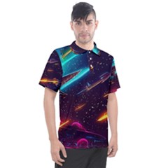 Night Sky Neon Spaceship Drawing Men s Polo Tee by Ravend