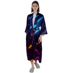 Night Sky Neon Spaceship Drawing Maxi Satin Kimono by Ravend