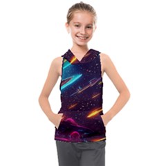 Night Sky Neon Spaceship Drawing Kids  Sleeveless Hoodie by Ravend