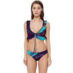 Night Sky Neon Spaceship Drawing Low Cut Ruffle Edge Bikini Set by Ravend