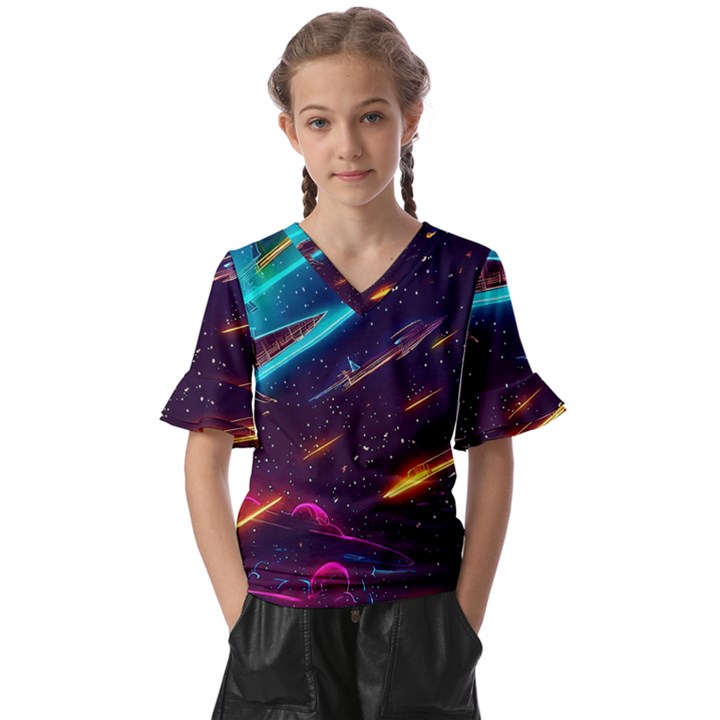 Night Sky Neon Spaceship Drawing Kids  V-Neck Horn Sleeve Blouse