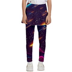 Night Sky Neon Spaceship Drawing Kids  Skirted Pants by Ravend