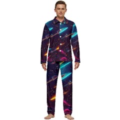 Night Sky Neon Spaceship Drawing Men s Long Sleeve Velvet Pocket Pajamas Set by Ravend