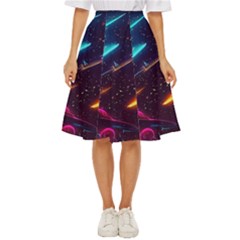 Night Sky Neon Spaceship Drawing Classic Short Skirt by Ravend