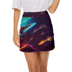 Night Sky Neon Spaceship Drawing Mini Front Wrap Skirt by Ravend