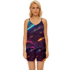 Night Sky Neon Spaceship Drawing V-neck Satin Pajamas Set by Ravend