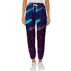 Night Sky Neon Spaceship Drawing Women s Cropped Drawstring Pants by Ravend