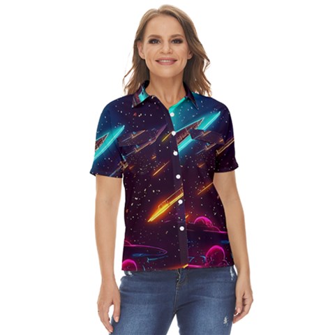 Night Sky Neon Spaceship Drawing Women s Short Sleeve Double Pocket Shirt by Ravend