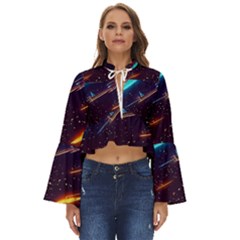 Night Sky Neon Spaceship Drawing Boho Long Bell Sleeve Top by Ravend