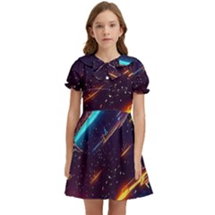 Night Sky Neon Spaceship Drawing Kids  Bow Tie Puff Sleeve Dress by Ravend