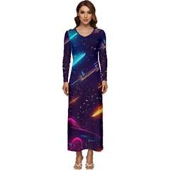 Night Sky Neon Spaceship Drawing Long Sleeve Longline Maxi Dress by Ravend