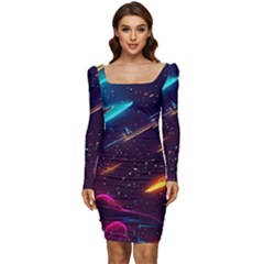 Night Sky Neon Spaceship Drawing Women Long Sleeve Ruched Stretch Jersey Dress by Ravend