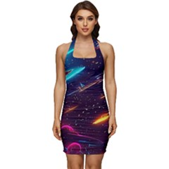 Night Sky Neon Spaceship Drawing Sleeveless Wide Square Neckline Ruched Bodycon Dress by Ravend