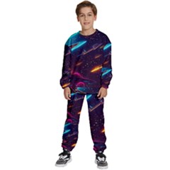 Night Sky Neon Spaceship Drawing Kids  Sweatshirt Set by Ravend