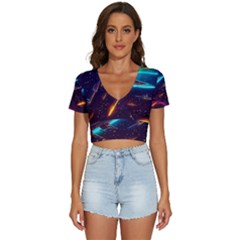 Night Sky Neon Spaceship Drawing V-neck Crop Top by Ravend