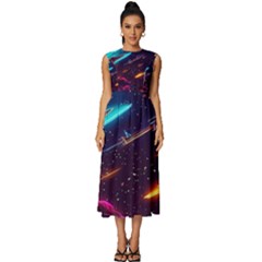 Night Sky Neon Spaceship Drawing Sleeveless Round Neck Midi Dress by Ravend