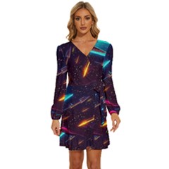 Night Sky Neon Spaceship Drawing Long Sleeve Waist Tie Ruffle Velvet Dress by Ravend