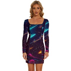 Night Sky Neon Spaceship Drawing Long Sleeve Square Neck Bodycon Velvet Dress by Ravend