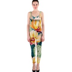 Prickly Pear Cactus Flower Plant One Piece Catsuit by Ravend