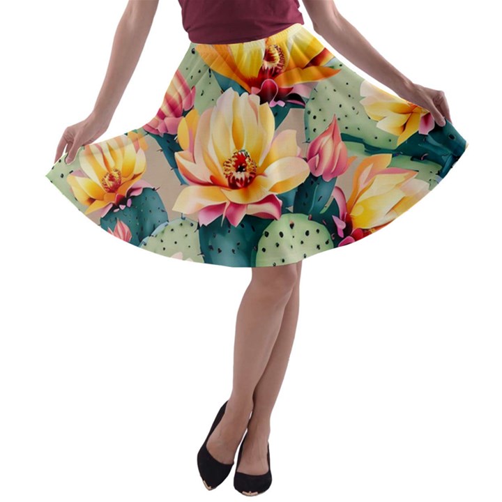 Prickly Pear Cactus Flower Plant A-line Skater Skirt